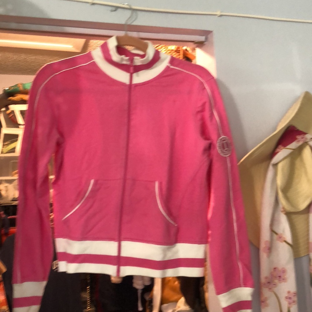 IZod  95% cotton size medium pink White stripes jacket